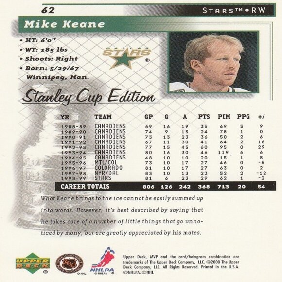 Mike Keane - 2000 Upper Deck MVP Stanley Cup Edition Hockey Card - Picture 2 of 2